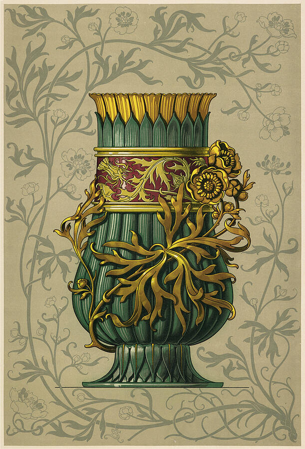 Art nouveau motifs and design elements by Anton Seder - Gilded vase with leaf pattern  Drawing by Anton Seder