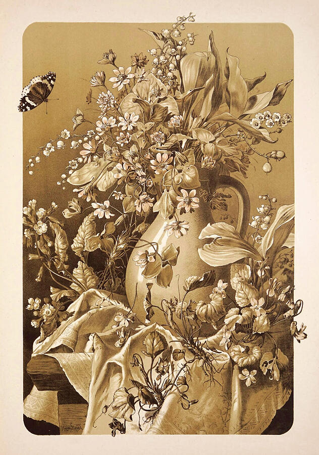 Art nouveau motifs and design elements by Anton Seder -  Sepia toned nostalgia still life, bouquet  Drawing by Anton Seder