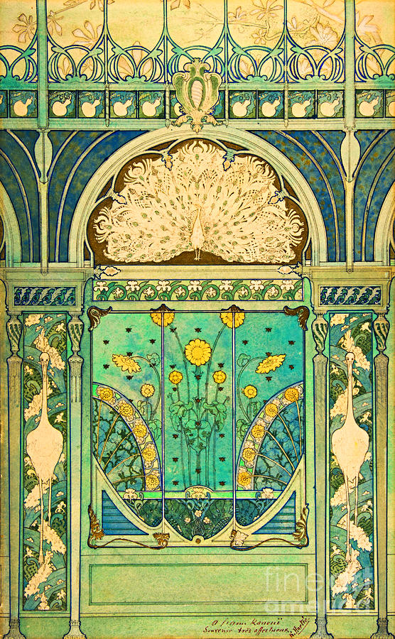 Art Nouveau Parisian Mural with Peacock Sunflowers and Cranes Painting by Peter Ogden