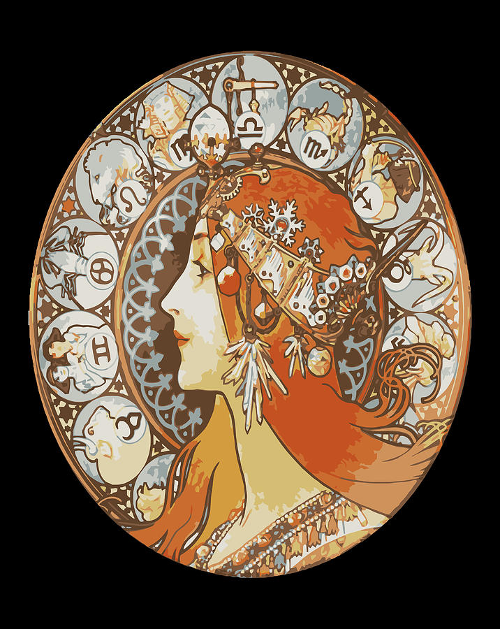 Art Nouveau Zodiac Signs Gypsy Fortune Teller Alphonse Mucha Digital 