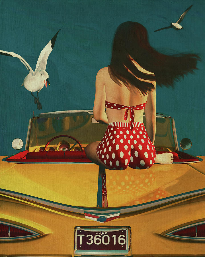 Art Painting in a Retro Style of a Girl and a Classic Car Digital Art by Jan Keteleer