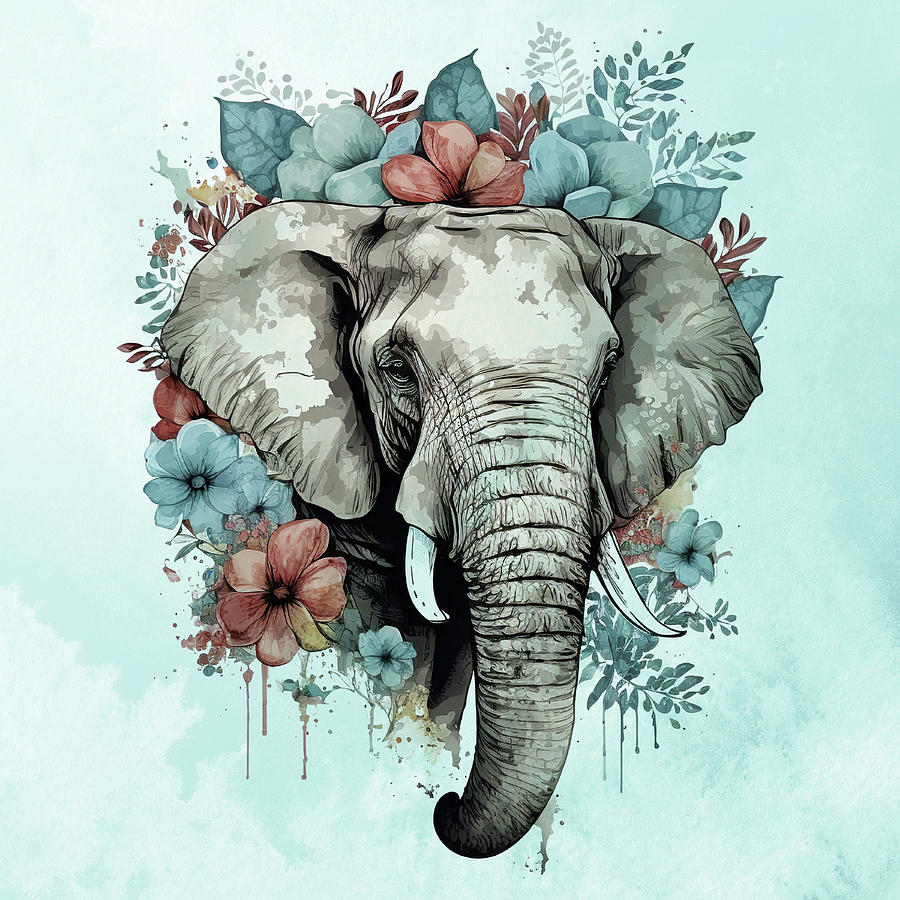 Art Print Elephant Flowers Watercolor Digital Art By Rosa'le's Digital 