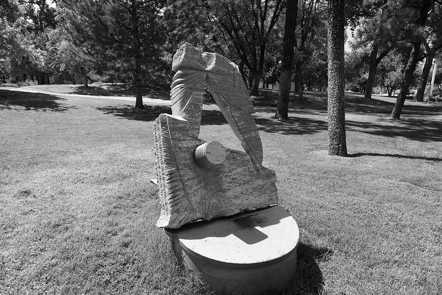 Art statue on the campus of the University of New Mexico in black and white Photograph by Eldon McGraw