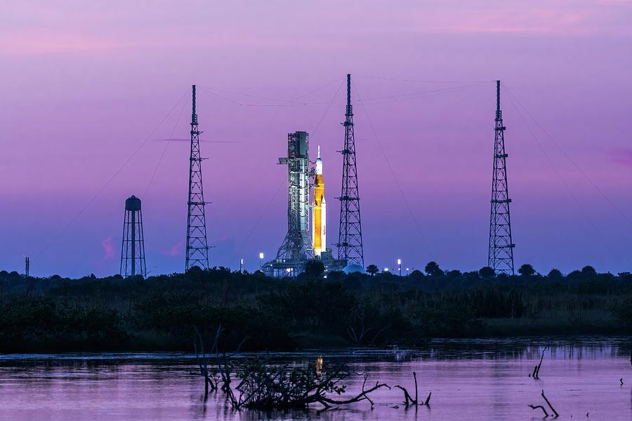 Artemis Rocket at Launch Complex Purple Twilight Photograph by Bradford Martin