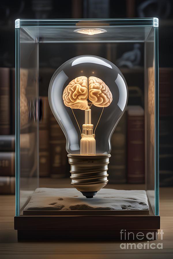 Artful Fusion - Brain-Inspired Light Bulb Encased in a Glass Box Mixed Media by Artvizual
