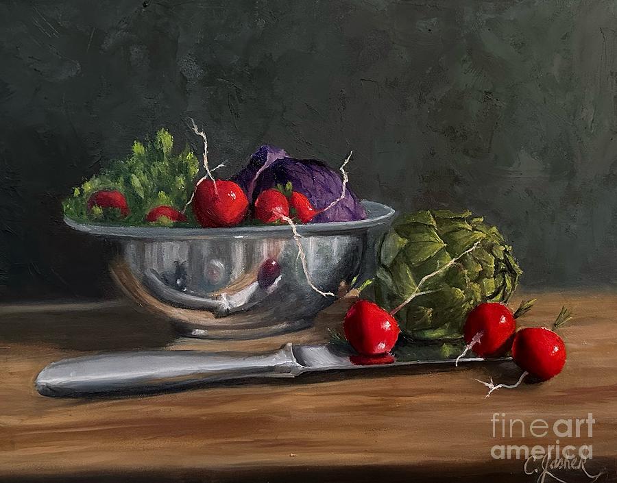 Still Life Painting - Artichoke, Cabbage, and Radishes by Cheryl Jashek