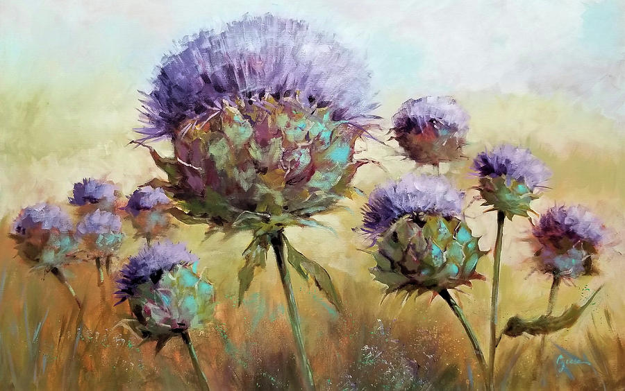 Artichokes In Bloom Painting by Cynara Shelton