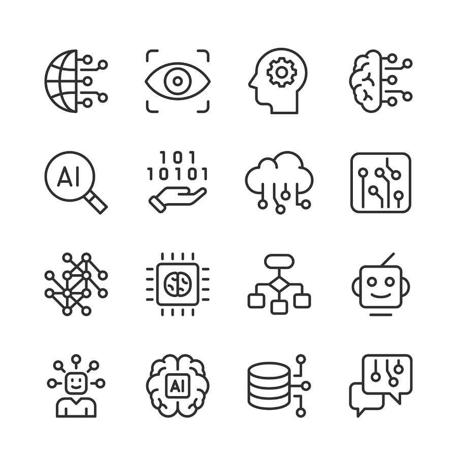 Artificial Intelligence & Machine Learning Icons — Monoline Series Drawing by RLT_Images