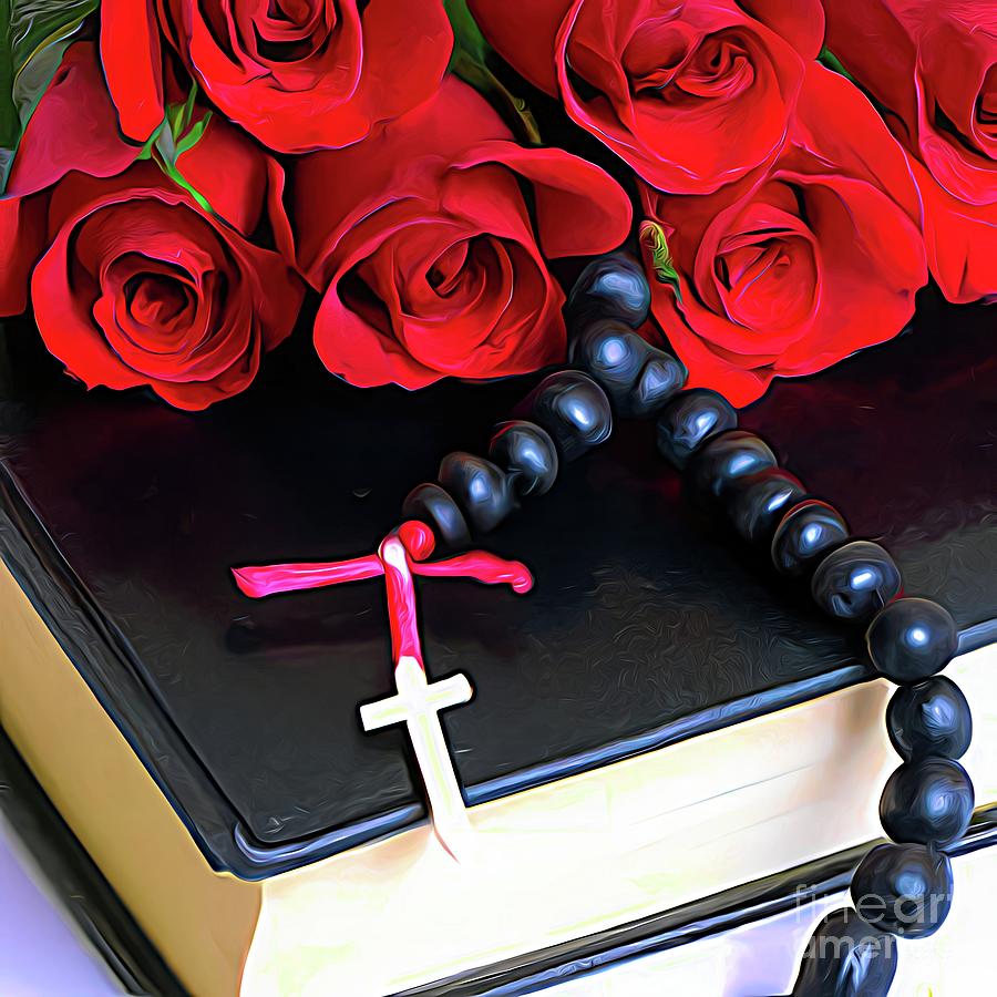 Artificial Intelligence 3D Look Bible Rosary and Red Roses Digital Art by Rose Santuci-Sofranko