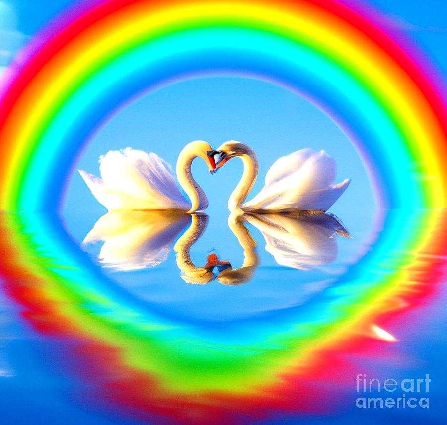 Artificial Intelligence 3D Look Swans Under a Rainbow Digital Art by Rose Santuci-Sofranko