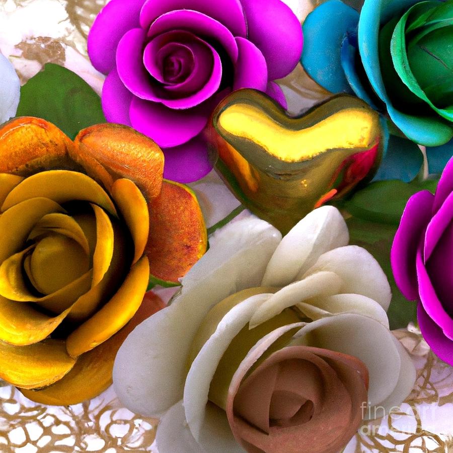 Rose Digital Art - Artificial Intelligence Art 3D Look Beautiful multicolored roses and golden hearts on a white lace b by Rose Santuci-Sofranko