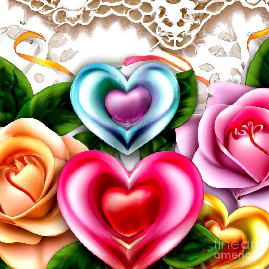 Rose Digital Art - Artificial Intelligence Art 6  3D Look Beautiful multicolored roses and hearts on white lace by Rose Santuci-Sofranko