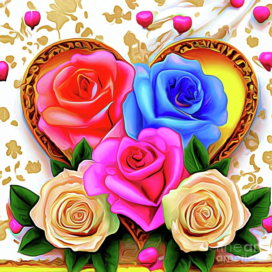 Artificial Intelligence Art 8 3D Look Multicolored Roses and Golden Heart on White Lace Abstract Exp Digital Art by Rose Santuci-Sofranko