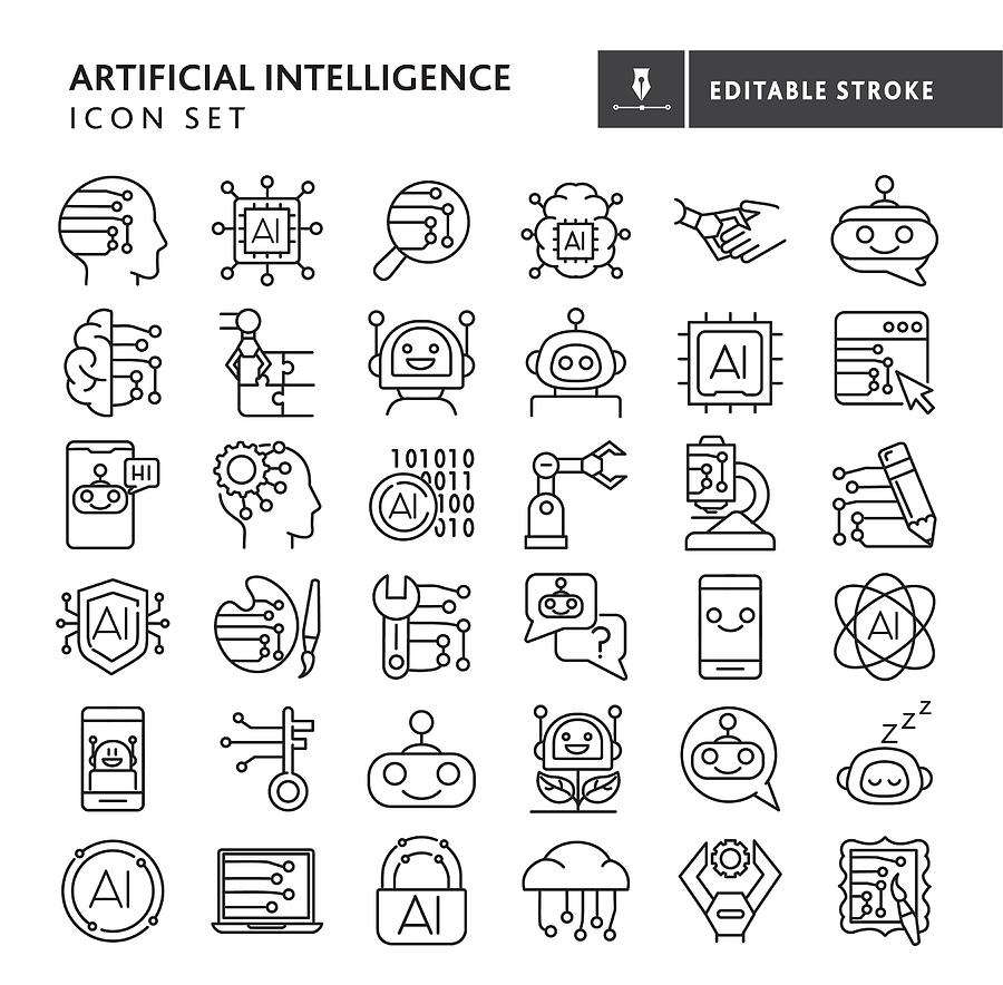 Artificial Intelligence machine Learning and chat bot thin line icon set - editable stroke Drawing by JDawnInk Artificial Intelligence machine Learning and chat bot thin line icon set - editable stroke Drawing by JDawnInk