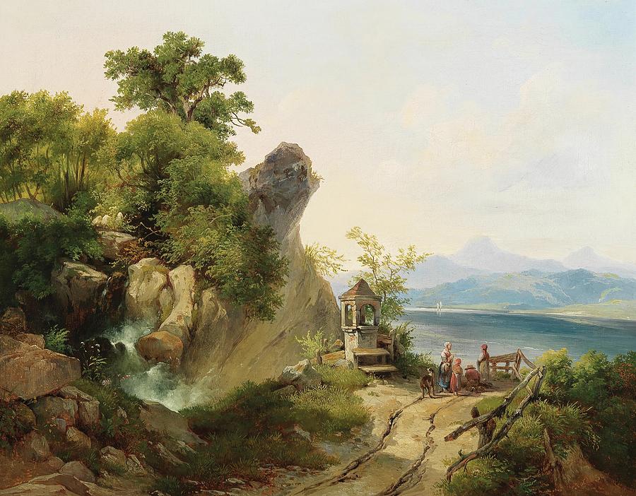 Artist Around 1860 Salzkammergut, A Lake Landscape With Wayside Shrine By The Shore Painting