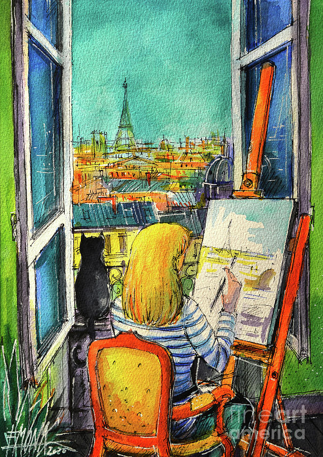 ARTIST BY HER WINDOW commissioned watercolor painting Mona Edulesco Painting by Mona Edulesco