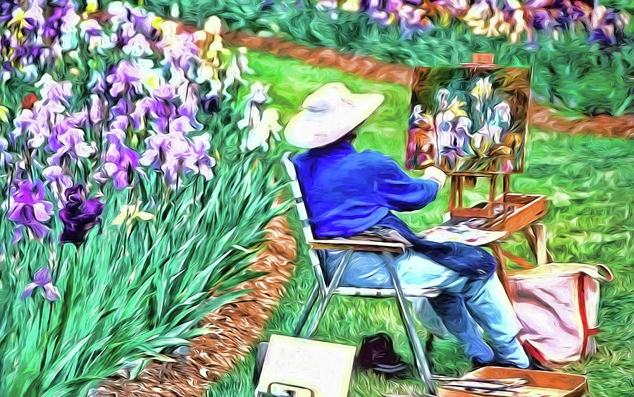 Artist In the Iris Garden - Photopainting Photograph by Allen Beatty