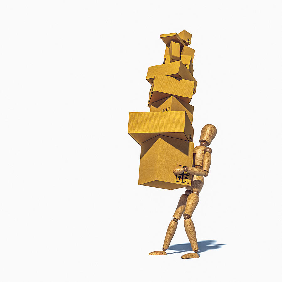 Artist mannequin overloaded carrying boxes Drawing by Doug Armand