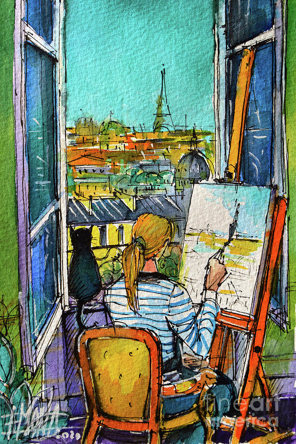 ARTIST PAINTING BY THE WINDOW - watercolor on paper Mona Edulesco Painting by Mona Edulesco