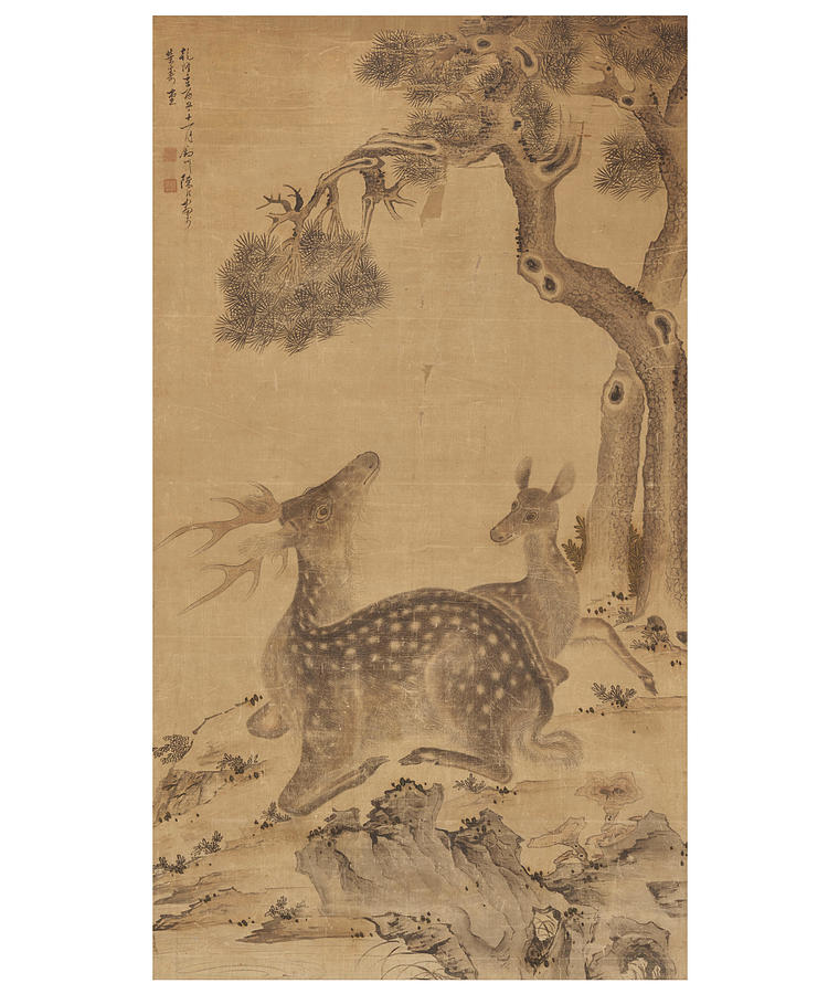ARTIST UNKOWN Deer and pine Joseon dynasty, dated 1741 Painting by Artistic Rifki