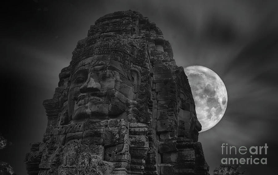 Landscape Photograph - Artistic Faces Cambodia Black White Moon Glow Awesome  by Chuck Kuhn