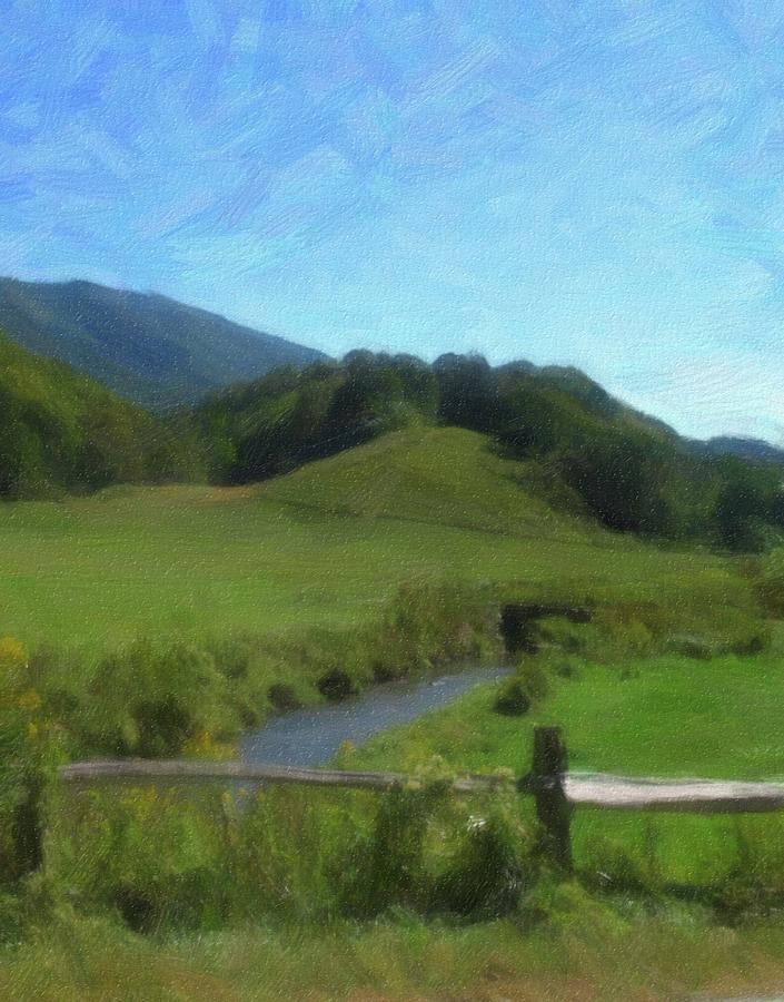 Artistic Fence, Stream And Mountains Photograph