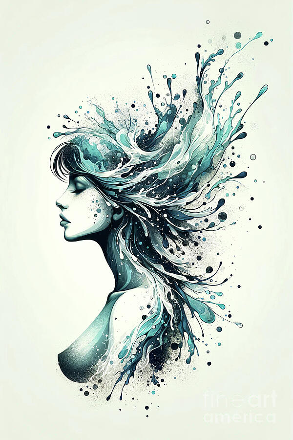 Artistic illustration of a womans profile with hair transforming into splashing water, Digital Art by Odon Czintos