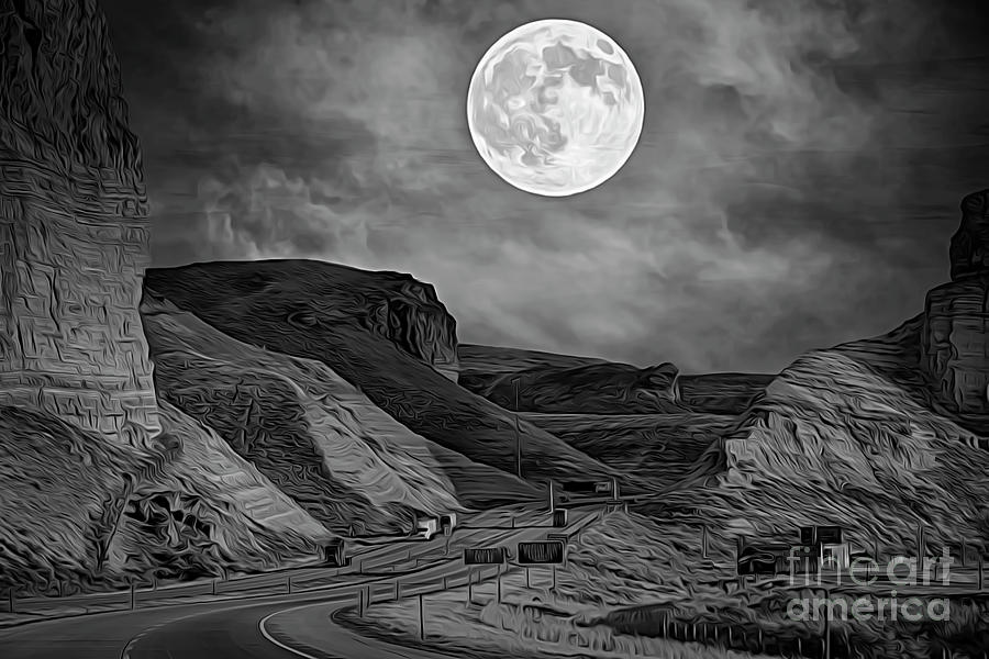 Inspirational Photograph - Artistic Moon Over Hwy 80 Wyoming BW  by Chuck Kuhn