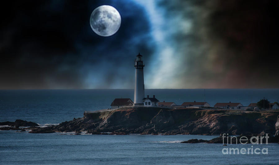 Artistic Moon Pigeon Point Lighthouse Color Moon  Photograph by Chuck Kuhn