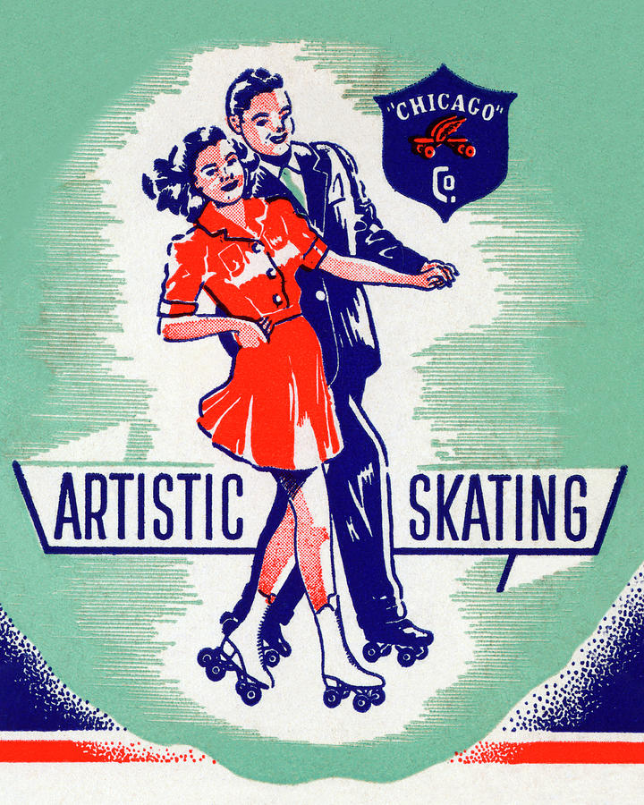 Vintage Drawing - Artistic Skating Duo by Vintage Roller Skating Posters