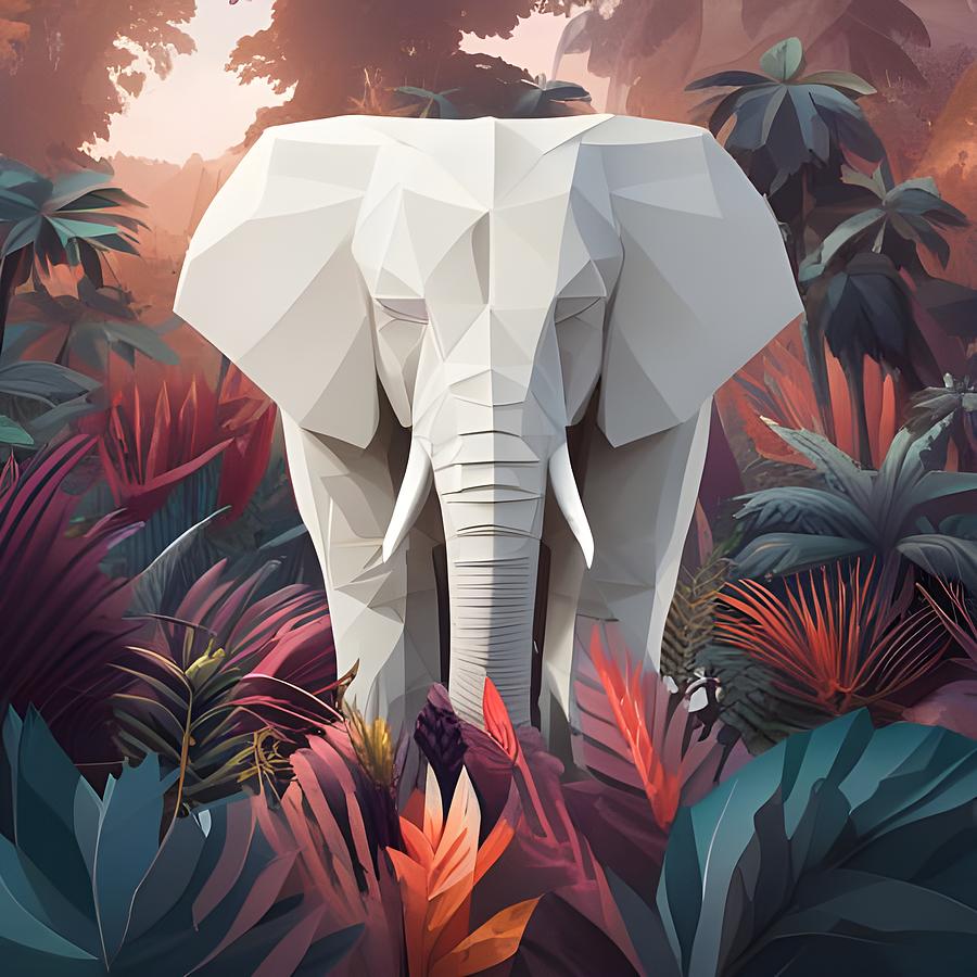 Artistic White Paper Elephant Sculpture in Low Poly Style Digital Art by Artvizual Premium