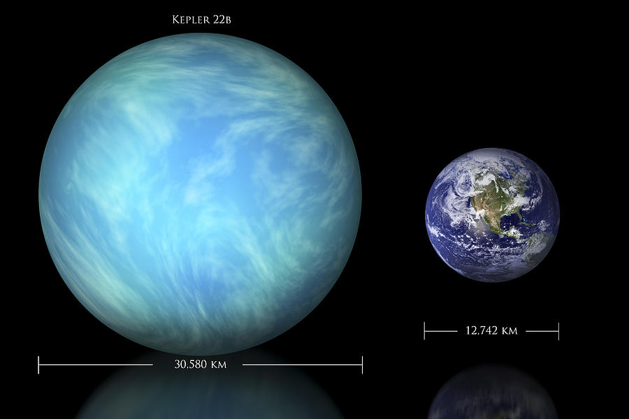 Artists depiction of the difference in size between Earth and Kepler 22b. Drawing by Marc Ward/Stocktrek Images