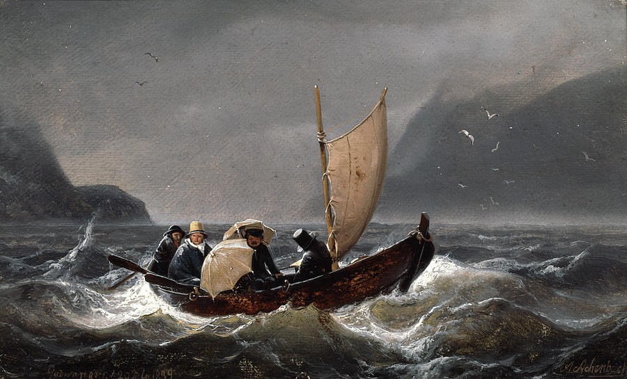 Artists in stormy weather in Sognefjorden, 1834 Painting by O Vaering by Andreas Achenbach