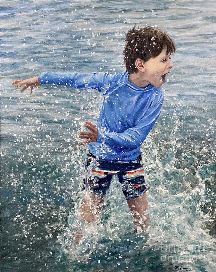 Artists Son at the Beach Painting by Stephen Roberson