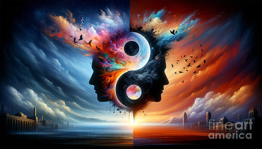 Artwork of surreal human profiles with cosmic and fiery elements forming a yin-yang. Digital Art by Odon Czintos