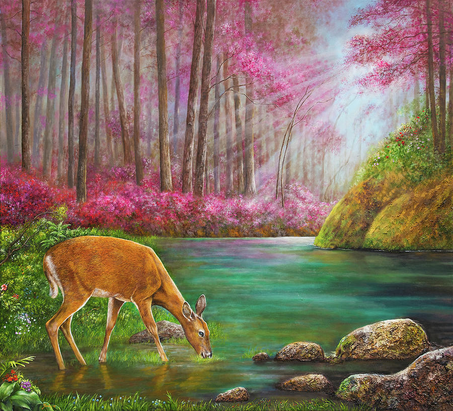 painting of deer drinking water