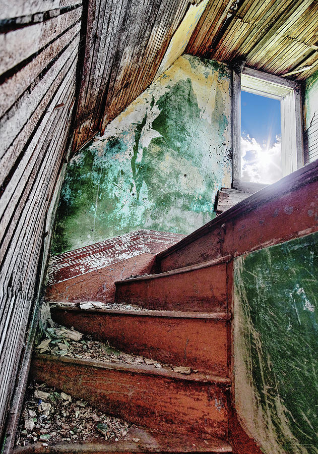 Ascendant -  handcrafted stairwell in the abandoned Torgerson farm homestead Photograph by Peter Herman