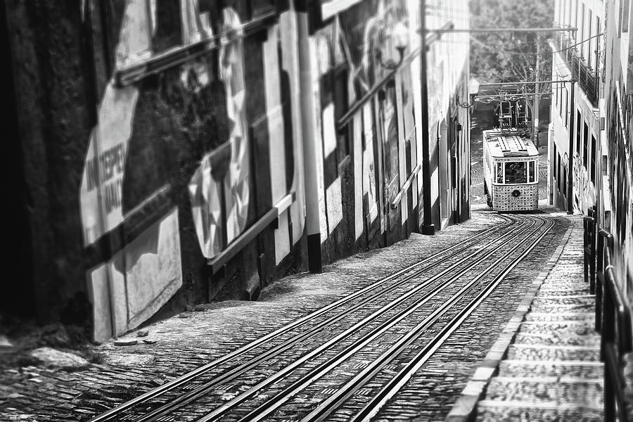 Ascensor Do Lavra Lisboa Black and White  Photograph by Carol Japp