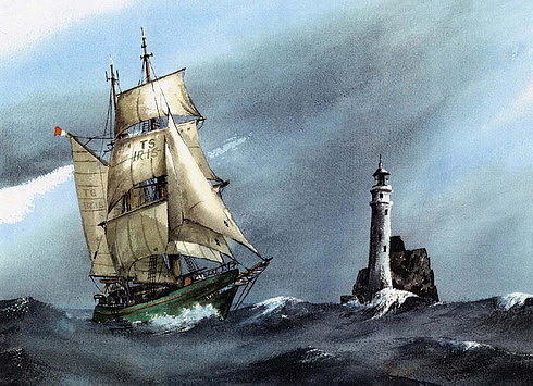 Asgard 11 rounding the FastnetLighthouse Painting by Val Byrne