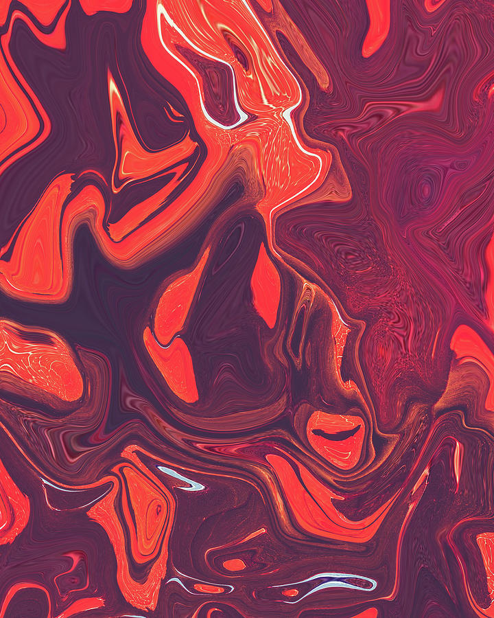 Asher - Contemporary Abstract - Fluid Painting - Marbling Art - Violet, Red Orange Digital Art