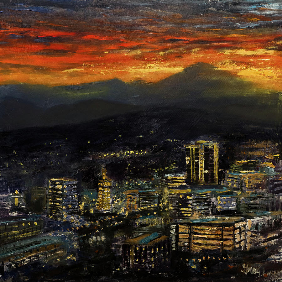 Asheville Skyline at Sunset Painting by Gray Artus