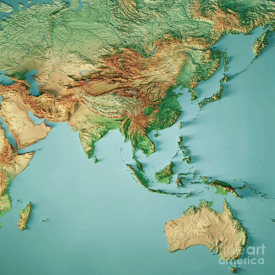 Asia Australia Topographic Map 3D Render Color Digital Art by Frank ...