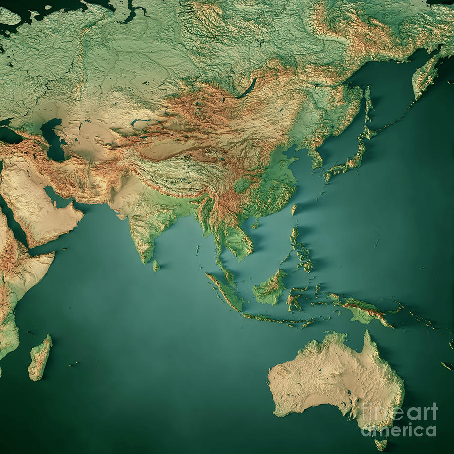 Asia Australia Topographic Map 3D Render Dark Ocean Color Digital Art ...