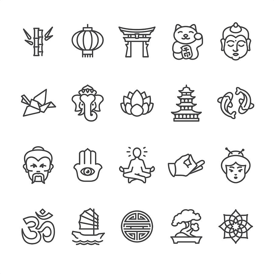 Asia culture theme - outline vector icons Drawing by Lushik