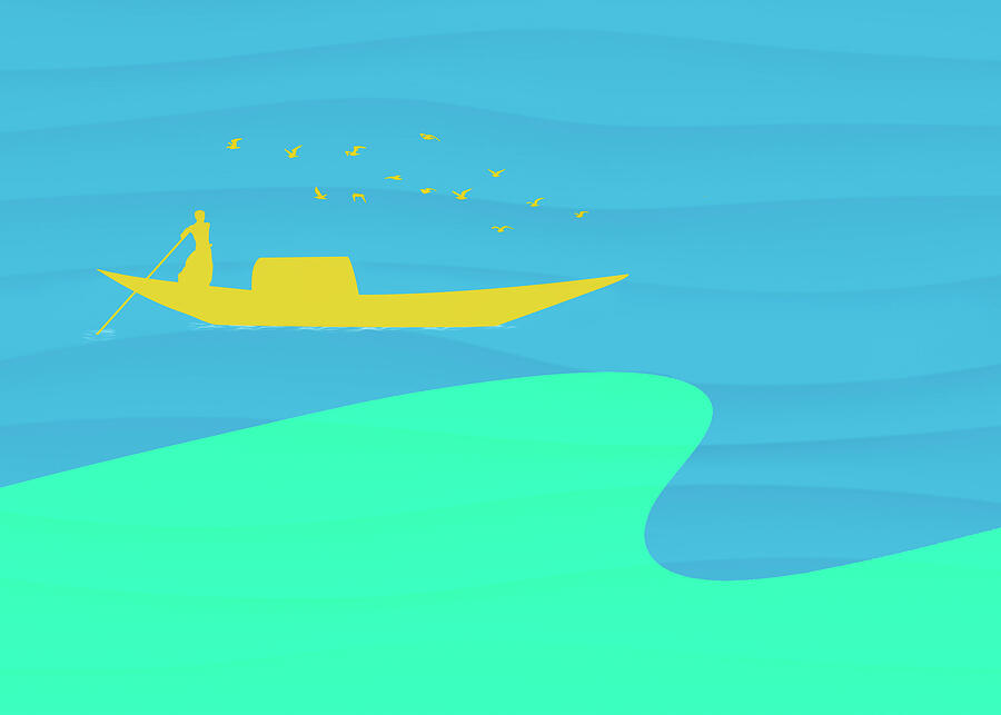 Asian Fishing Boat with Birds - Minimal Art Drawing by Patti Deters