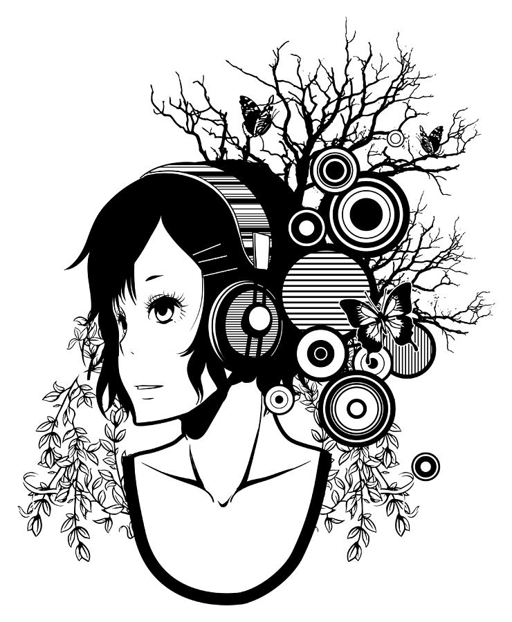 Asian girl with headphones Drawing by Rie Hasegawa/Aflo