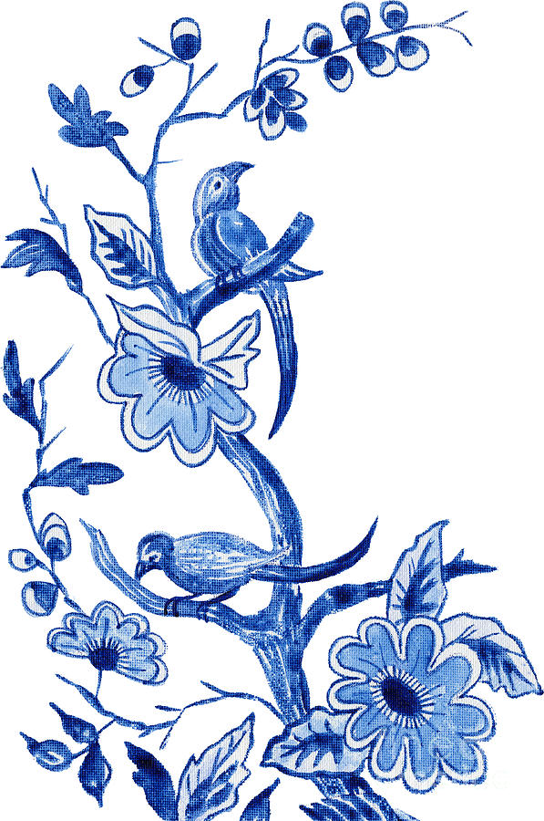 Chinoiserie Blue and White Bird and Floral in Vintage Chinese Style 1 Painting by Audrey Jeanne Roberts