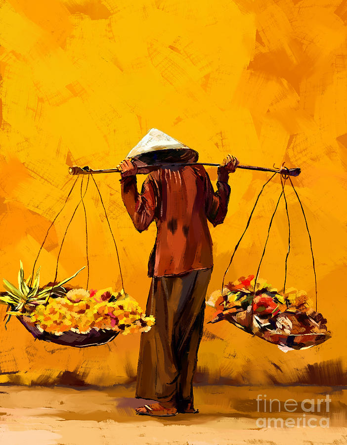 Asian man flower carrier Painting by Tim Gilliland