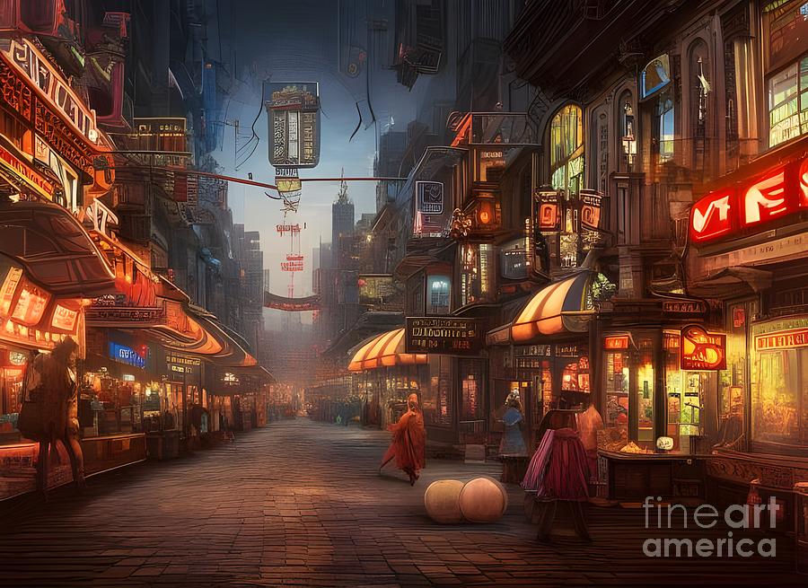 Asian street mall Digital Art by Sen Tinel - Fine Art America