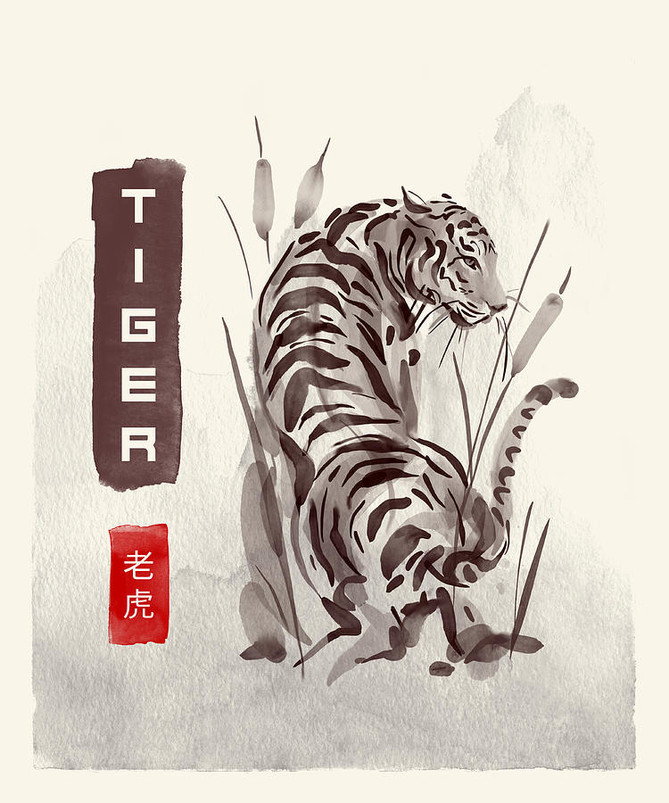 tiger vector japanese chinese nature ink illustration engraved sketch  traditional textured seamless pattern colorful watercolor Stock Vector   Adobe Stock